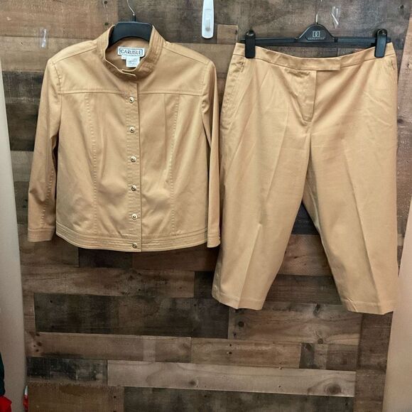 Carlisle Pantsuit Jacket Capri Pants Camel Safari Tan Cotton Blend Women Size 14 - Picture 12 of 15